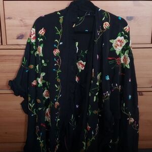 Black Floral Embroidered 100% Silk Shawl Scarf